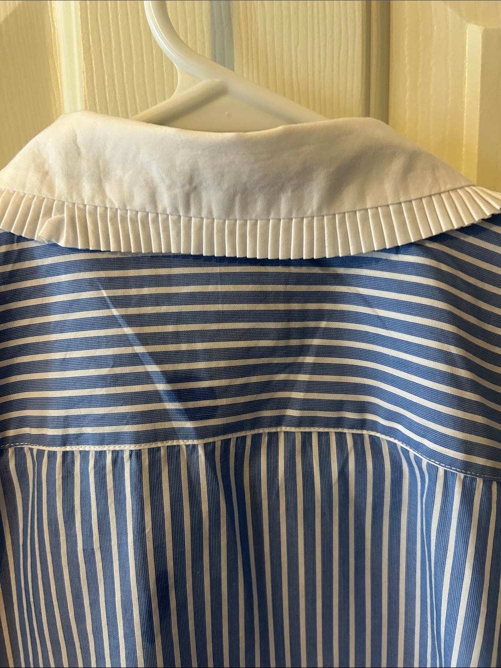 J. Crew Blue & White Striped Ruffle-Front Shirt with Contrast Collar - Picture 3 of 5